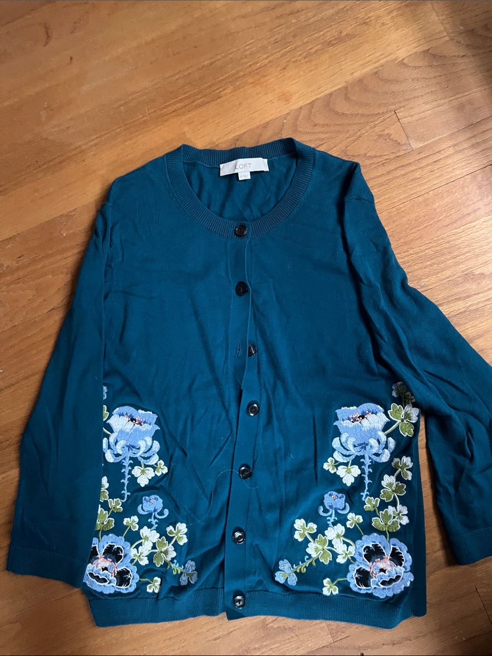 LOFT Teal Floral Embroidered Cardigan